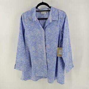 Habitat Button Down Shirt S Blue River Mosaic Print Long Sleeve Flip Cuff NWT